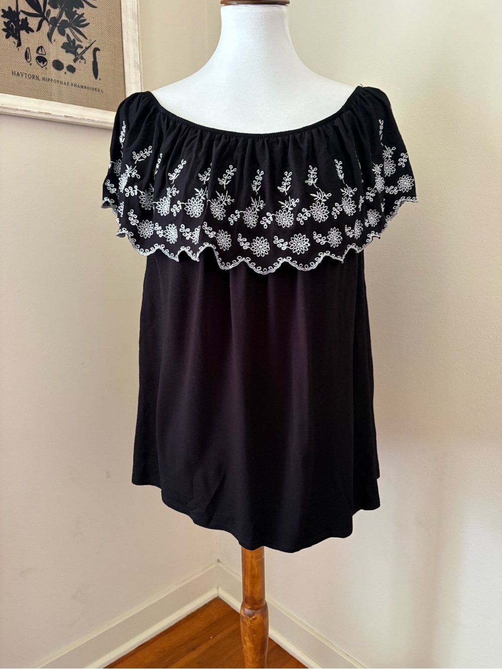 Adrianna Papell Black Embroidered Ruffle Top